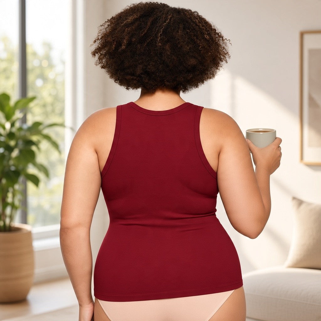 Femme aux cheveux bouclés, de dos, en débardeur Vibra rouge, une tasse à la main