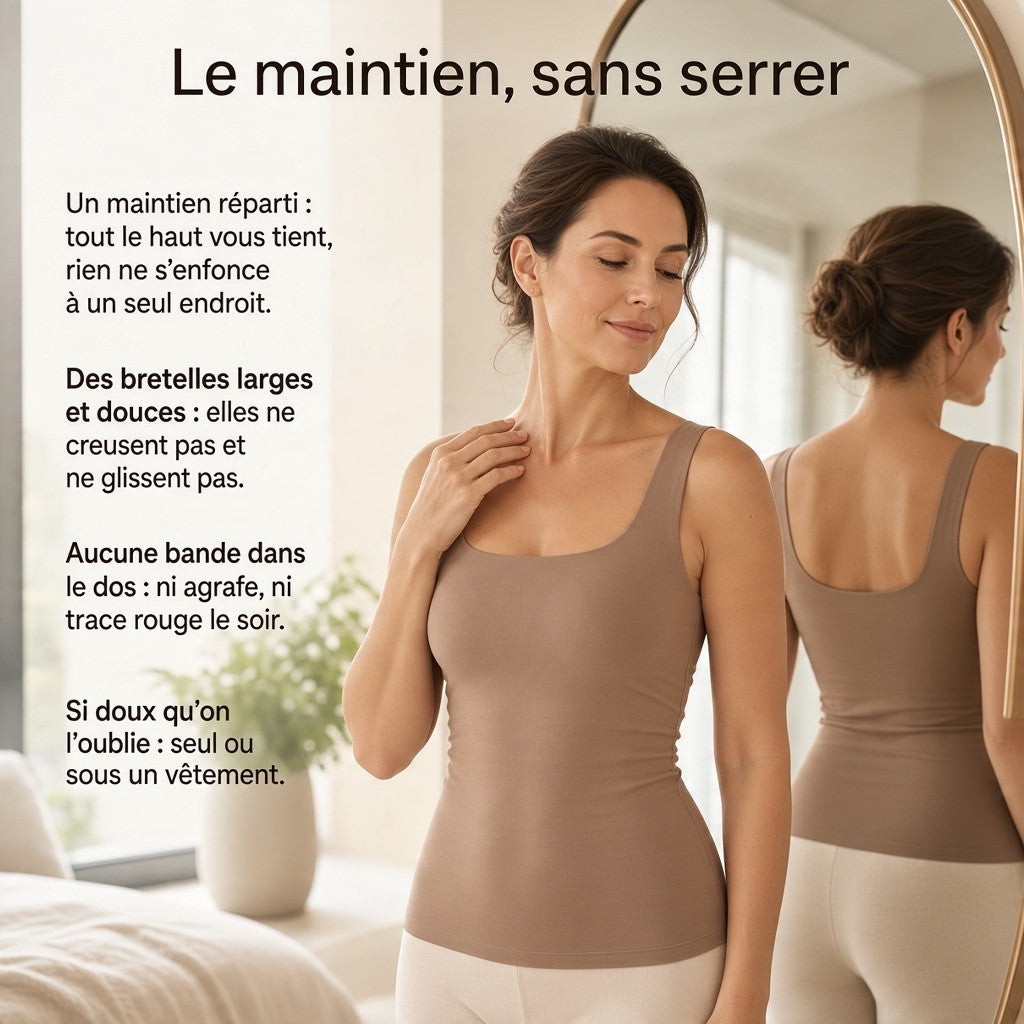 Le maintien, sans serrer. Un maintien réparti : tout le haut vous tient, rien ne s'enfonce à un seul endroit. Des bretelles larges et douces : elles ne creusent pas et ne glissent pas. Aucune bande dans le dos : ni agrafe, ni trace rouge le soir. Si doux qu'on l'oublie : seul ou sous un vêtement.